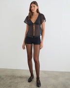Women's Chiffon Button-Up Blouse Flowy with V-Neckline in Black for Everyday Wear