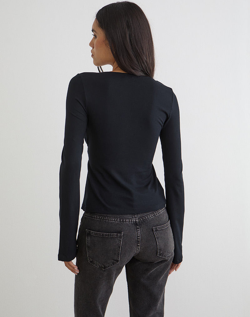 Women's Long Sleeve Top with V-Neckline in Black for Everyday Wear