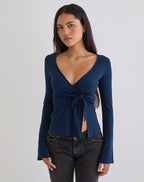 Women's Long Sleeve Top with V-Neckline in Navy for Everyday Wear