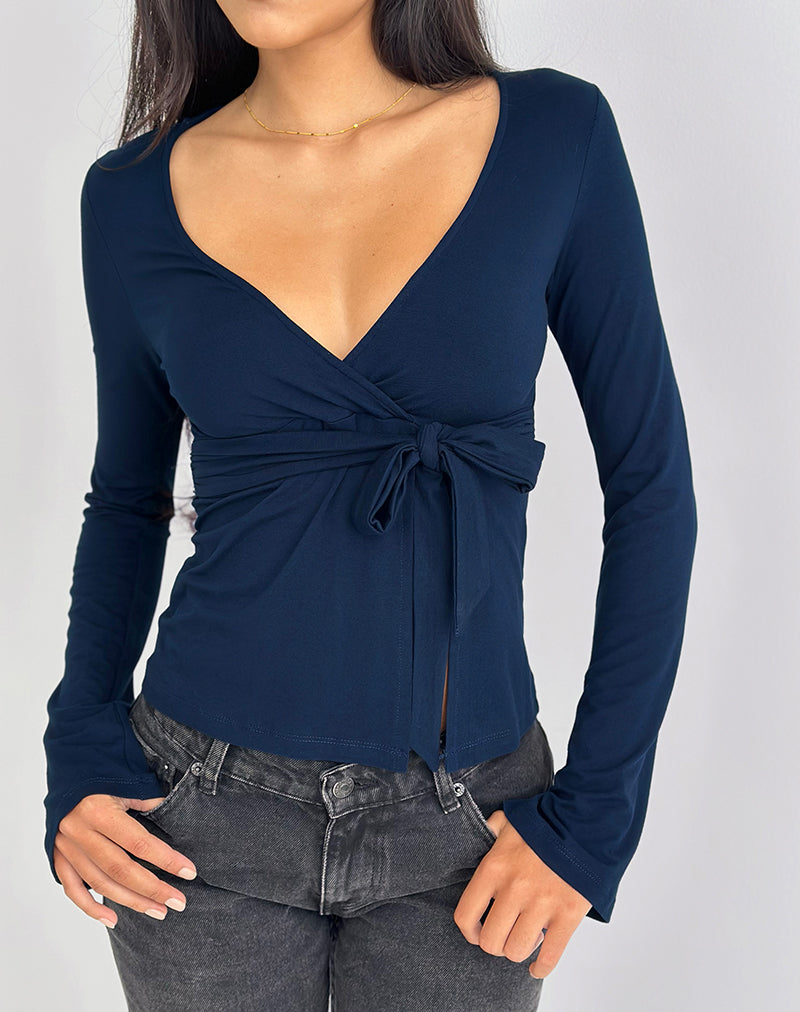 Women's Long Sleeve Top with V-Neckline in Navy for Everyday Wear