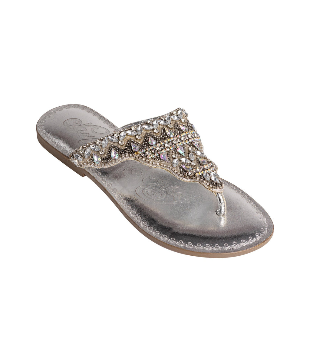 Women's Leather Flat Open-Toe Sandals in Silver with Cushioned Sole for All-Day Comfort