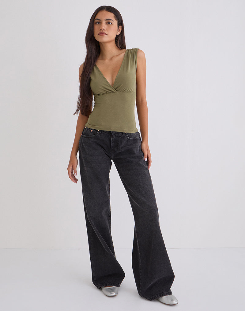 Women's Rayon Jersey Fashion Top with V-Neckline in Khaki for Everyday Wear