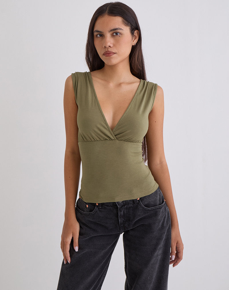 Women's Rayon Jersey Fashion Top with V-Neckline in Khaki for Everyday Wear