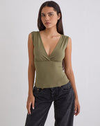 Women's Rayon Jersey Fashion Top with V-Neckline in Khaki for Everyday Wear