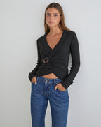 Women's Knit Long Sleeve Top with V-Neckline in Black for Everyday Wear