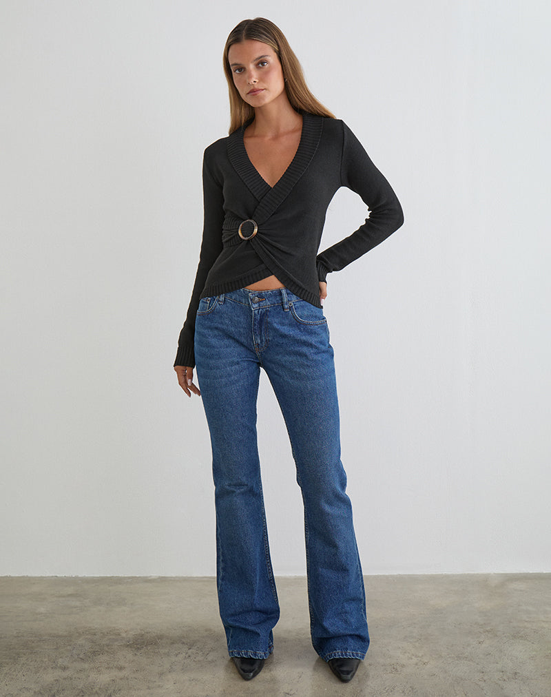 Women's Knit Long Sleeve Top with V-Neckline in Black for Everyday Wear