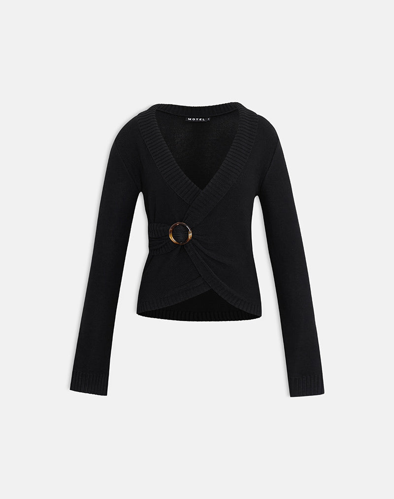 Women's Knit Long Sleeve Top with V-Neckline in Black for Everyday Wear