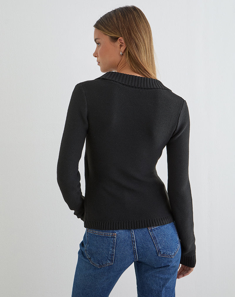 Women's Knit Long Sleeve Top with V-Neckline in Black for Everyday Wear