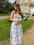 Women's Blue & White Floral Toile Corset Bodice Midi Maxi Dress – Romantic Vintage Cottagecore Wedding Guest Garden Party Dress