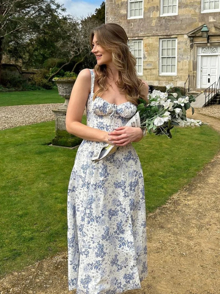 Women's Blue & White Floral Toile Corset Bodice Midi Maxi Dress – Romantic Vintage Cottagecore Wedding Guest Garden Party Dress