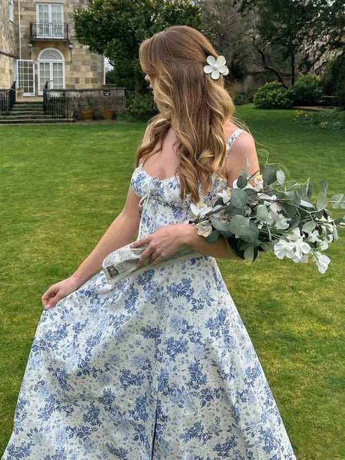 Women's Blue & White Floral Toile Corset Bodice Midi Maxi Dress – Romantic Vintage Cottagecore Wedding Guest Garden Party Dress