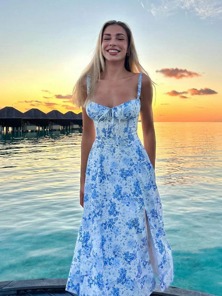 Women's Blue & White Floral Toile Corset Bodice Midi Maxi Dress – Romantic Vintage Cottagecore Wedding Guest Garden Party Dress