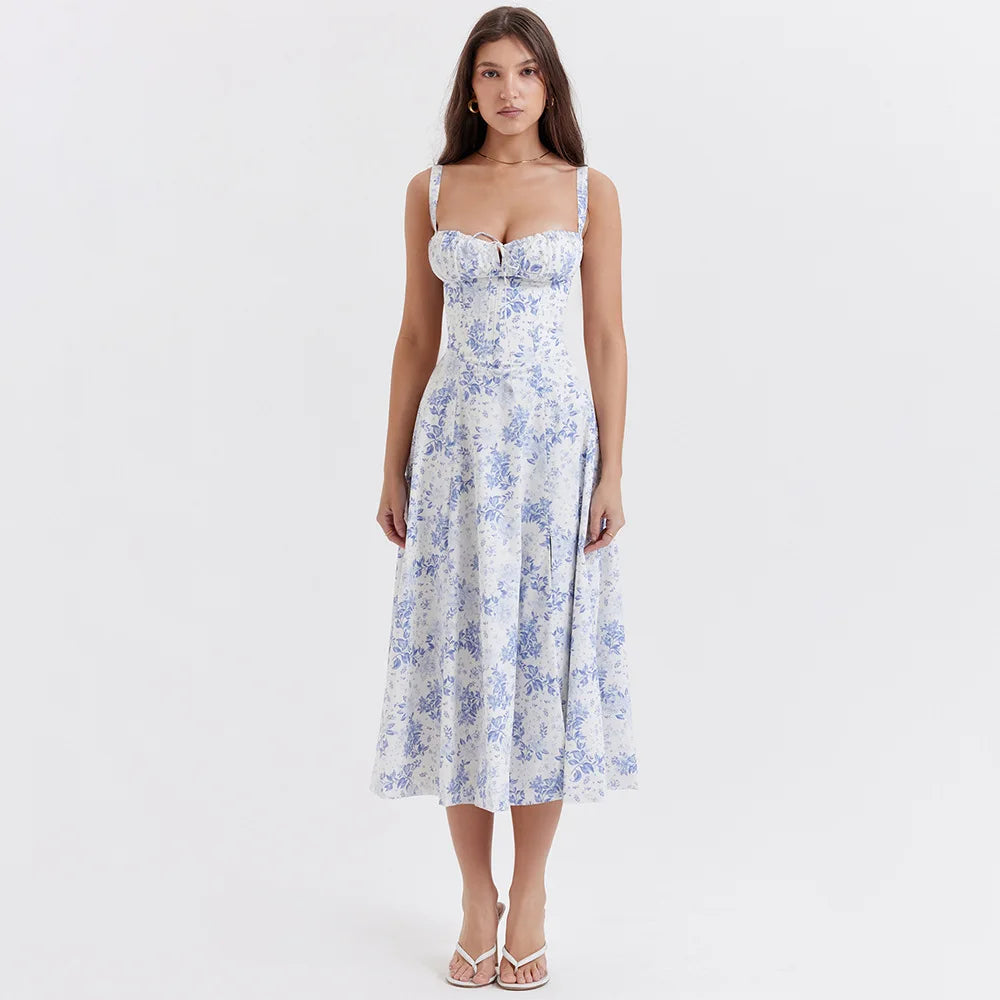 Women's Blue & White Floral Toile Corset Bodice Midi Maxi Dress – Romantic Vintage Cottagecore Wedding Guest Garden Party Dress