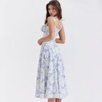 Women's Blue & White Floral Toile Corset Bodice Midi Maxi Dress – Romantic Vintage Cottagecore Wedding Guest Garden Party Dress
