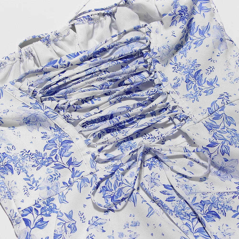 Women's Blue & White Floral Toile Corset Bodice Midi Maxi Dress – Romantic Vintage Cottagecore Wedding Guest Garden Party Dress