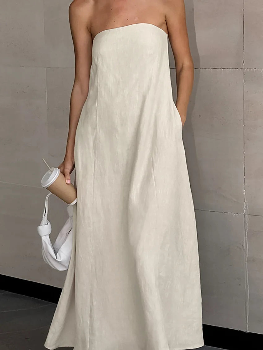 Women's Natural Strapless Tube Maxi Dress Minimalist Chic Sleeveless A-Line Summer Bridal Casual Dress