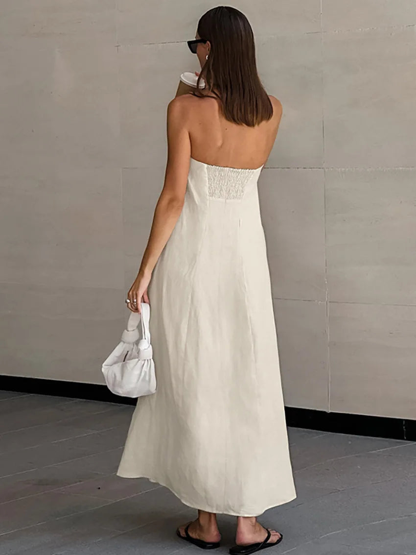 Women's Natural Strapless Tube Maxi Dress Minimalist Chic Sleeveless A-Line Summer Bridal Casual Dress