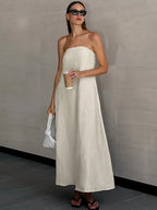 Women's Natural Strapless Tube Maxi Dress Minimalist Chic Sleeveless A-Line Summer Bridal Casual Dress