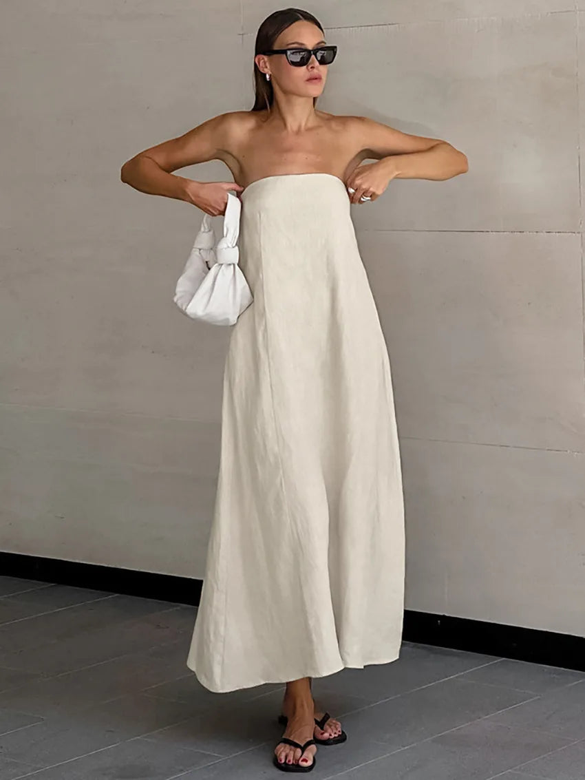 Women's Natural Strapless Tube Maxi Dress Minimalist Chic Sleeveless A-Line Summer Bridal Casual Dress