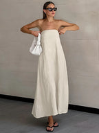 Women's Natural Strapless Tube Maxi Dress Minimalist Chic Sleeveless A-Line Summer Bridal Casual Dress