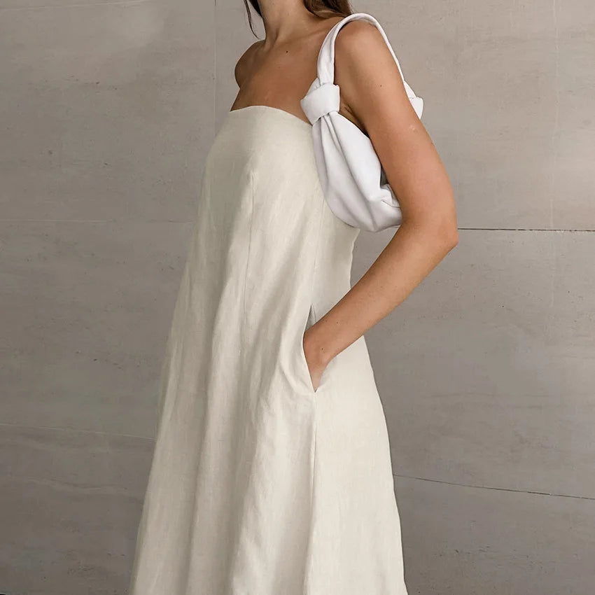Women's Natural Strapless Tube Maxi Dress Minimalist Chic Sleeveless A-Line Summer Bridal Casual Dress
