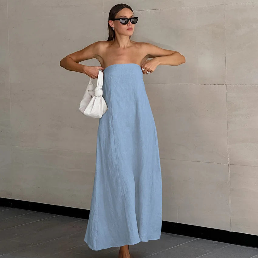 Women's Natural Strapless Tube Maxi Dress Minimalist Chic Sleeveless A-Line Summer Bridal Casual Dress
