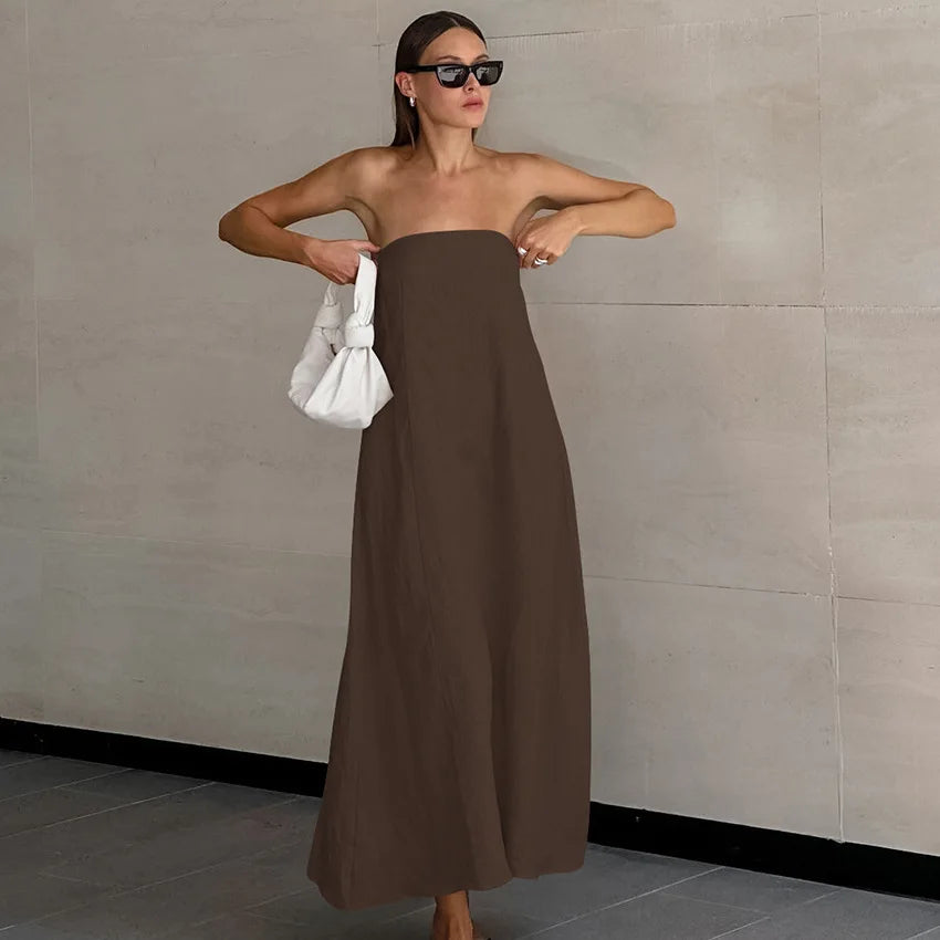 Women's Natural Strapless Tube Maxi Dress Minimalist Chic Sleeveless A-Line Summer Bridal Casual Dress