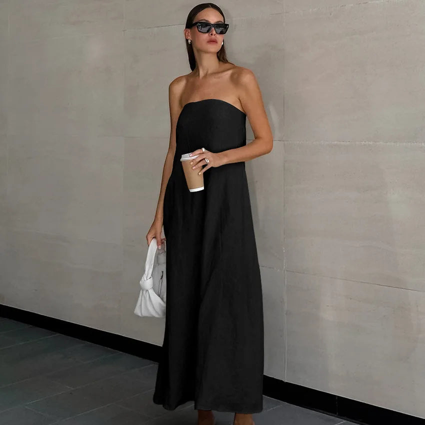 Women's Natural Strapless Tube Maxi Dress Minimalist Chic Sleeveless A-Line Summer Bridal Casual Dress