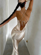 Women's Champagne Gold Metallic Satin Cowl Neck Spaghetti Strap Backless Bodycon Maxi Dress – Sexy Luxury Formal Evening Party Gown