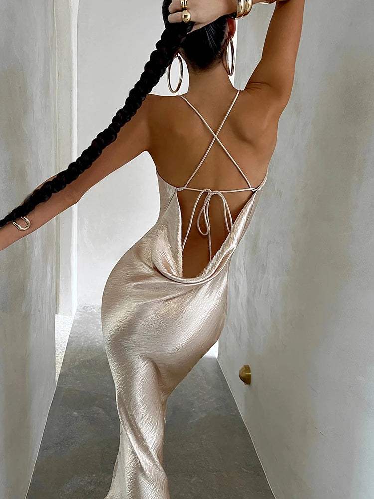 Women's Champagne Gold Metallic Satin Cowl Neck Spaghetti Strap Backless Bodycon Maxi Dress – Sexy Luxury Formal Evening Party Gown