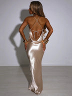 Women's Champagne Gold Metallic Satin Cowl Neck Spaghetti Strap Backless Bodycon Maxi Dress – Sexy Luxury Formal Evening Party Gown