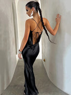Women's Champagne Gold Metallic Satin Cowl Neck Spaghetti Strap Backless Bodycon Maxi Dress – Sexy Luxury Formal Evening Party Gown