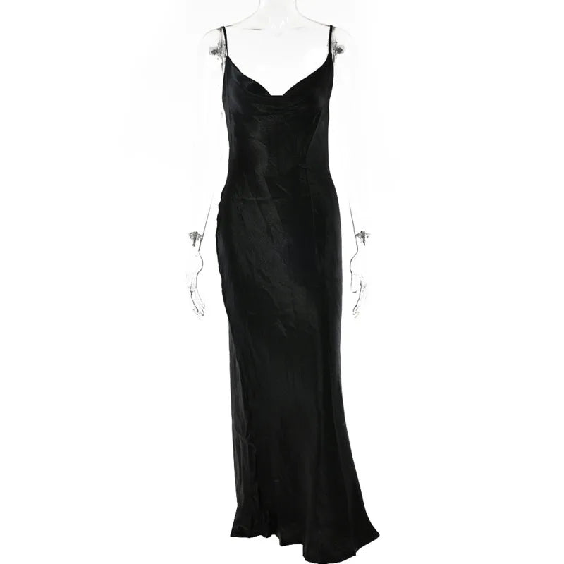 Women's Champagne Gold Metallic Satin Cowl Neck Spaghetti Strap Backless Bodycon Maxi Dress – Sexy Luxury Formal Evening Party Gown