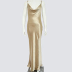 Women's Champagne Gold Metallic Satin Cowl Neck Spaghetti Strap Backless Bodycon Maxi Dress – Sexy Luxury Formal Evening Party Gown