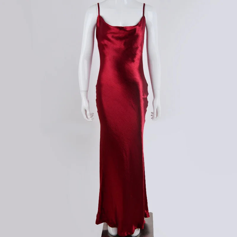 Women's Champagne Gold Metallic Satin Cowl Neck Spaghetti Strap Backless Bodycon Maxi Dress – Sexy Luxury Formal Evening Party Gown