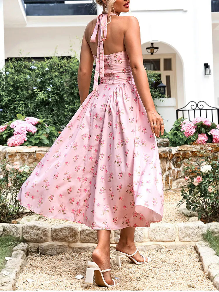 Women's Pink Floral Corset Lace-Up Bodice Spaghetti Strap Full Skirt Midi Dress – Romantic Cottagecore Garden Party Wedding Guest Summer Dress