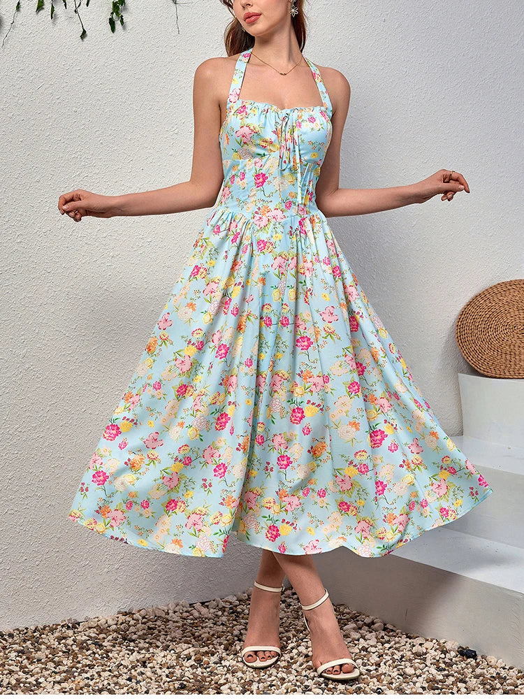 Women's Pink Floral Corset Lace-Up Bodice Spaghetti Strap Full Skirt Midi Dress – Romantic Cottagecore Garden Party Wedding Guest Summer Dress