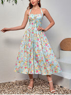 Women's Pink Floral Corset Lace-Up Bodice Spaghetti Strap Full Skirt Midi Dress – Romantic Cottagecore Garden Party Wedding Guest Summer Dress