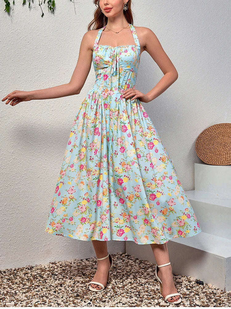 Women's Pink Floral Corset Lace-Up Bodice Spaghetti Strap Full Skirt Midi Dress – Romantic Cottagecore Garden Party Wedding Guest Summer Dress