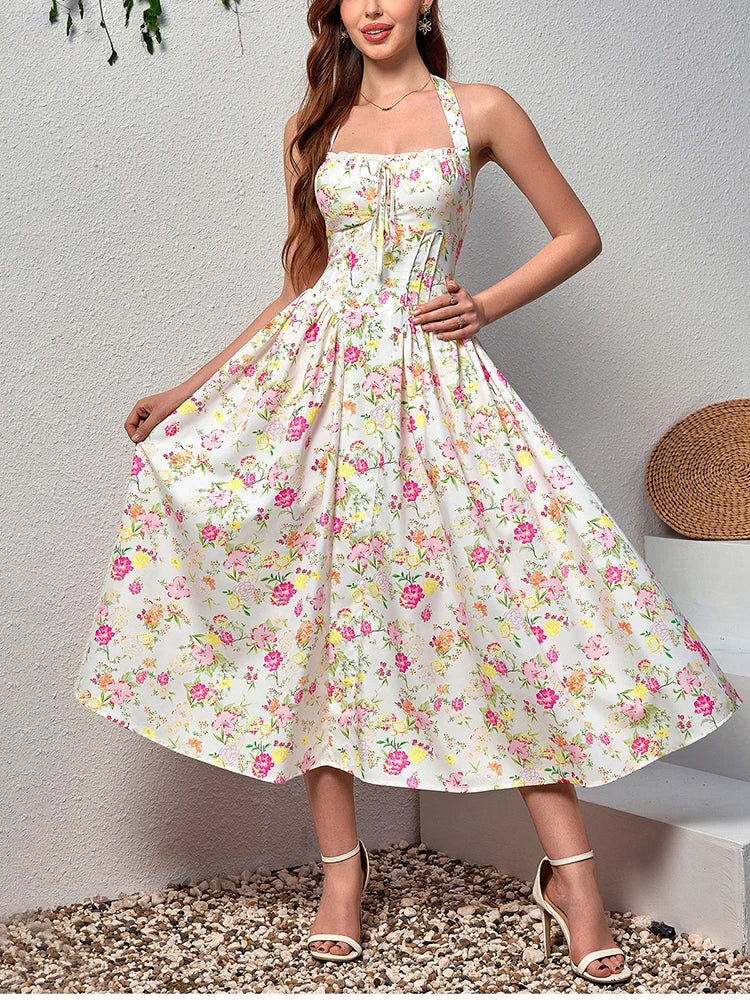 Women's Pink Floral Corset Lace-Up Bodice Spaghetti Strap Full Skirt Midi Dress – Romantic Cottagecore Garden Party Wedding Guest Summer Dress