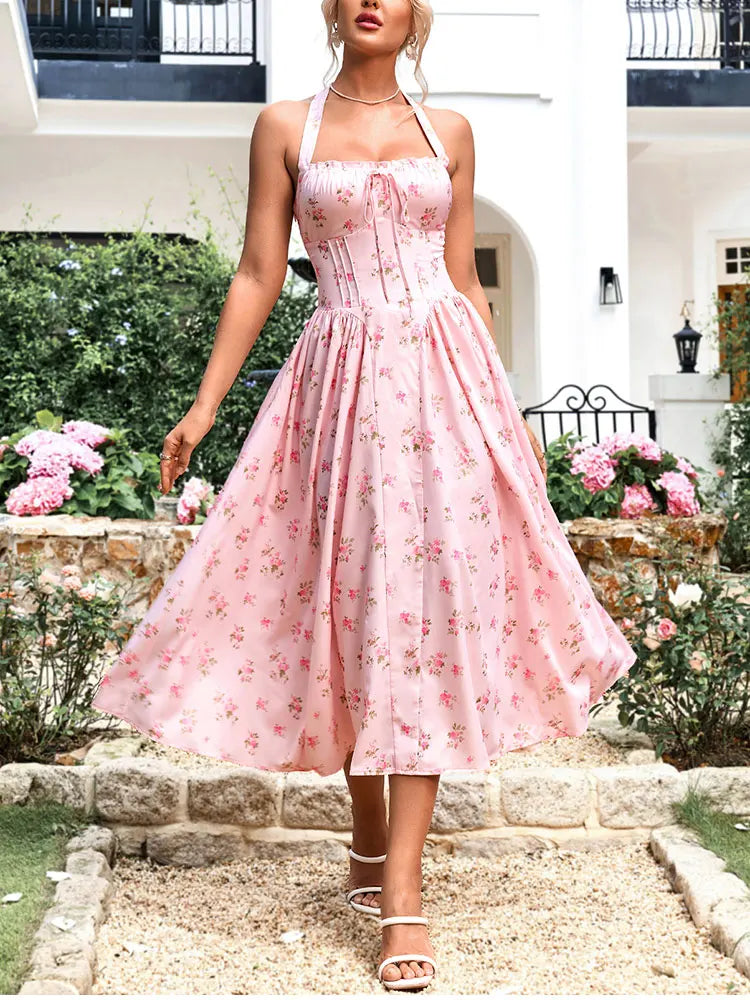 Women's Pink Floral Corset Lace-Up Bodice Spaghetti Strap Full Skirt Midi Dress – Romantic Cottagecore Garden Party Wedding Guest Summer Dress