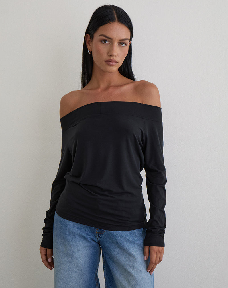 Women's Long Sleeve Top with Off-Shoulder in Black for Everyday Wear