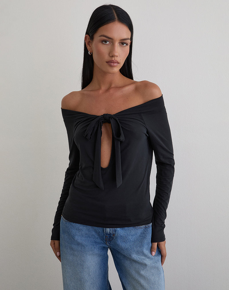Women's Long Sleeve Top with Off-Shoulder in Black for Everyday Wear