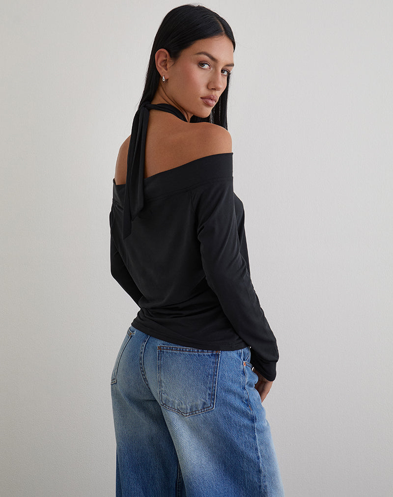 Women's Long Sleeve Top with Off-Shoulder in Black for Everyday Wear