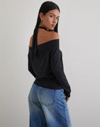 Women's Long Sleeve Top with Off-Shoulder in Black for Everyday Wear