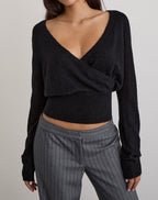 Women's Knit Long Sleeve Top with V-Neckline in Black for Everyday Wear