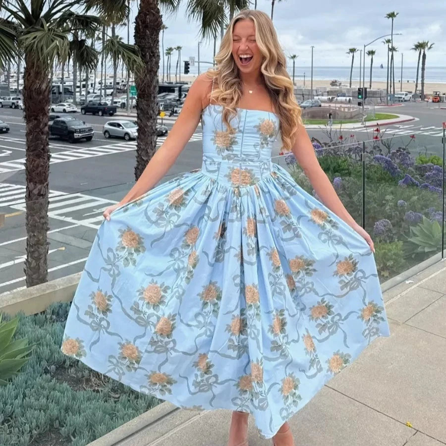 Women's Blue Floral Bow Print Corset Bodice Spaghetti Strap Ball Gown Maxi Dress – Romantic Cottagecore Formal Wedding Guest Prom Dress