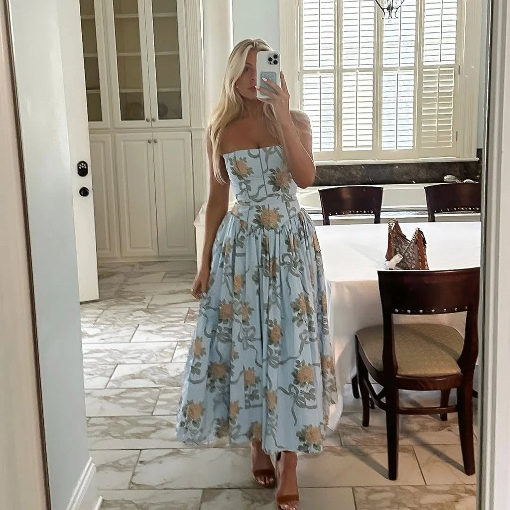 Women's Blue Floral Bow Print Corset Bodice Spaghetti Strap Ball Gown Maxi Dress – Romantic Cottagecore Formal Wedding Guest Prom Dress