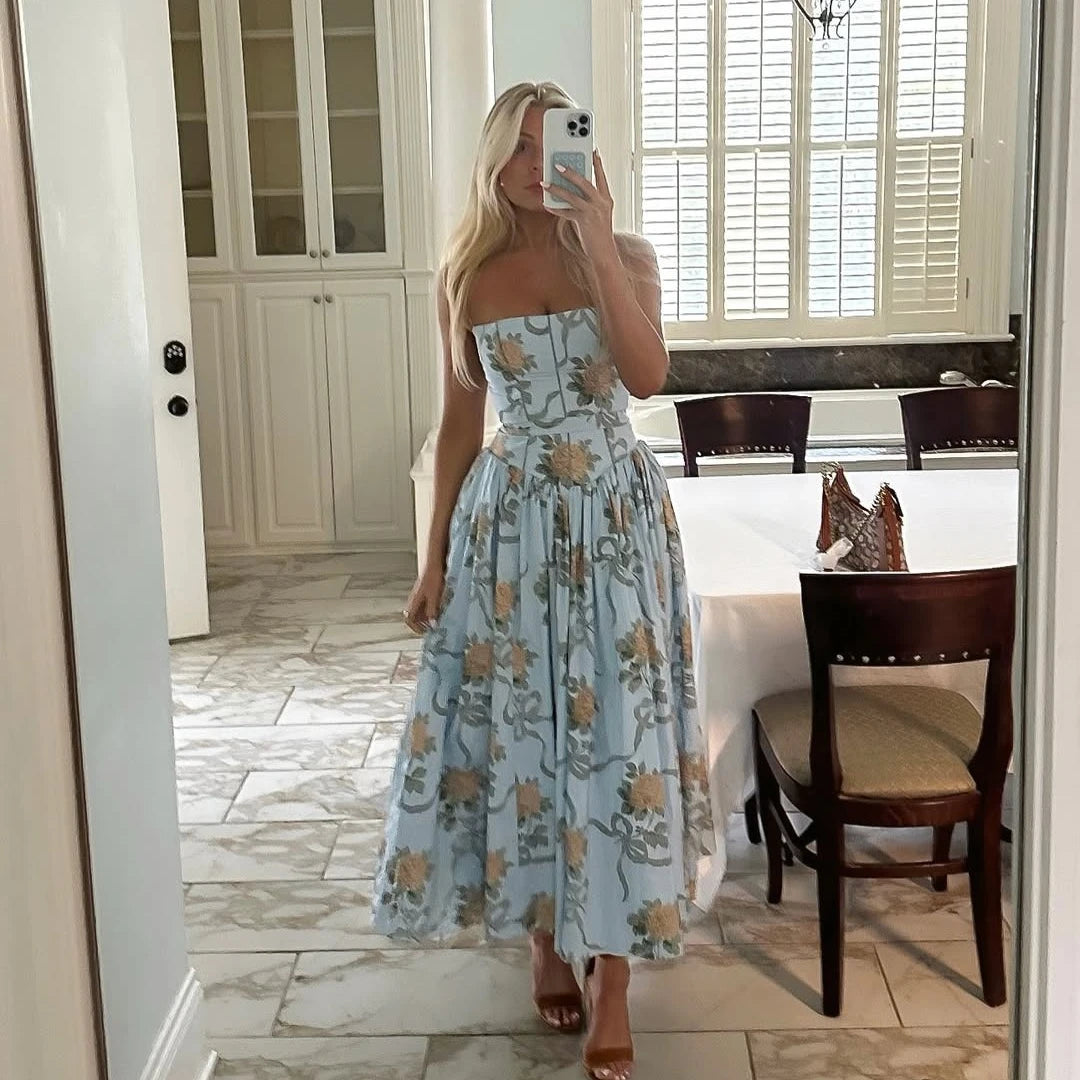 Women's Blue Floral Bow Print Corset Bodice Spaghetti Strap Ball Gown Maxi Dress – Romantic Cottagecore Formal Wedding Guest Prom Dress