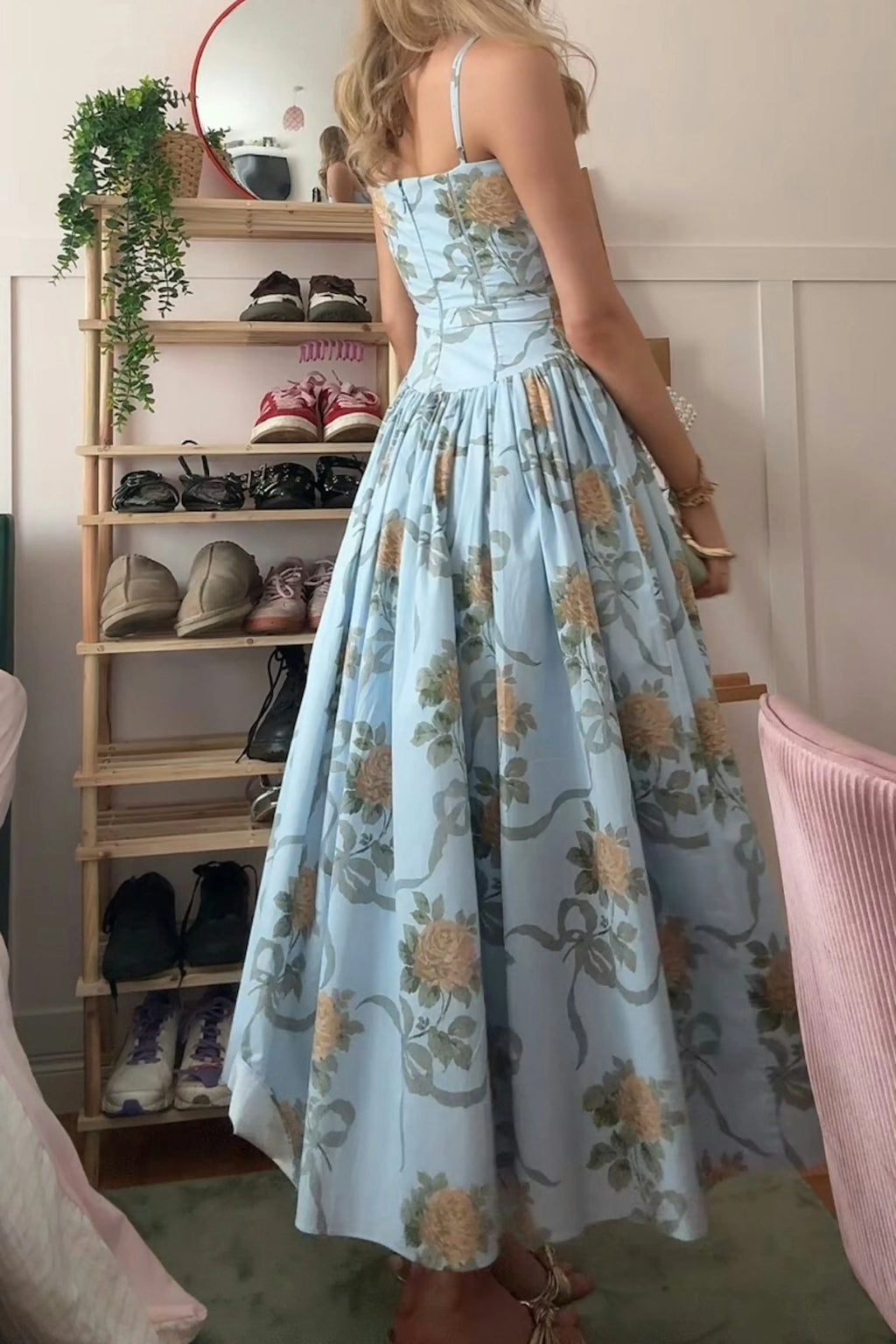 Women's Blue Floral Bow Print Corset Bodice Spaghetti Strap Ball Gown Maxi Dress – Romantic Cottagecore Formal Wedding Guest Prom Dress